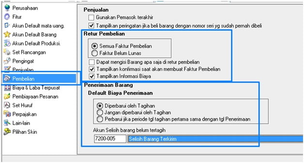 Settingan fitur Pembelian pada Accurate