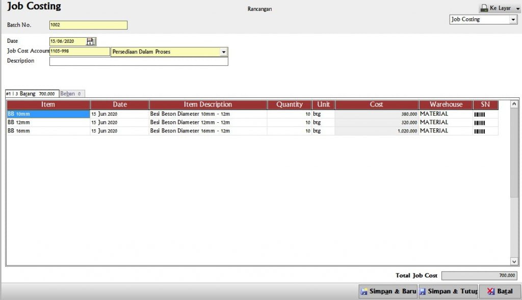 cara input job costing