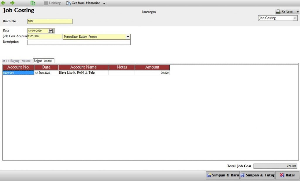 cara input job costing