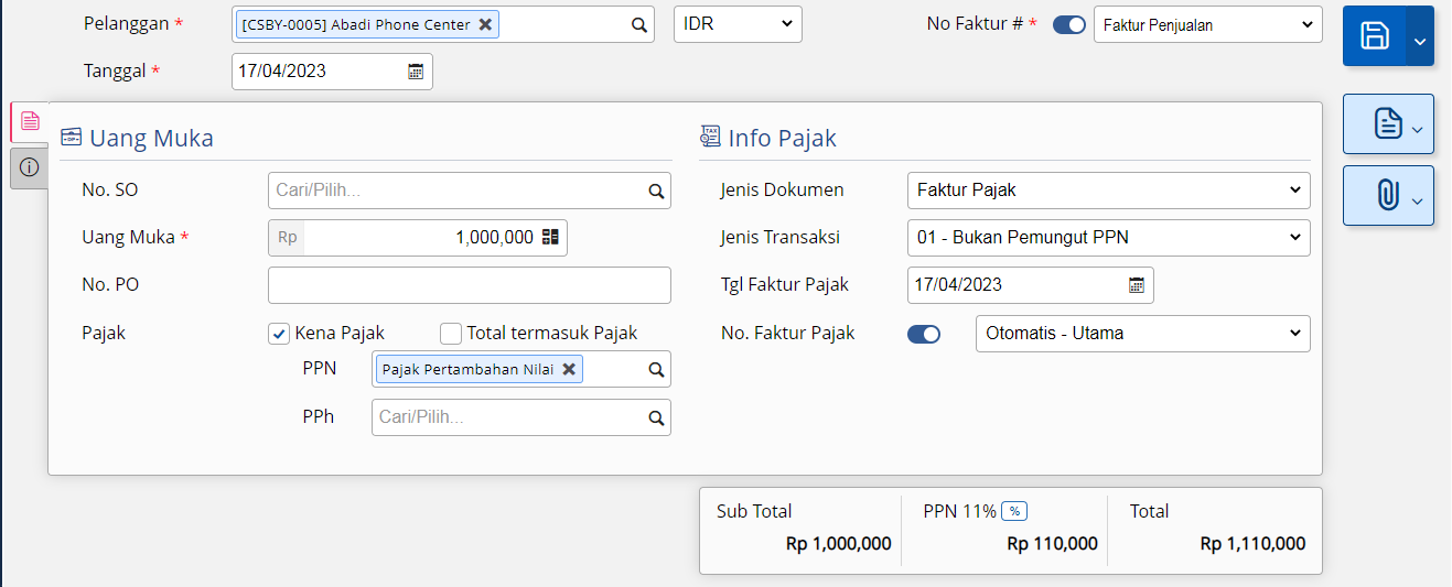 Uang Muka Penjualan tanpa SO pada Accurate Online